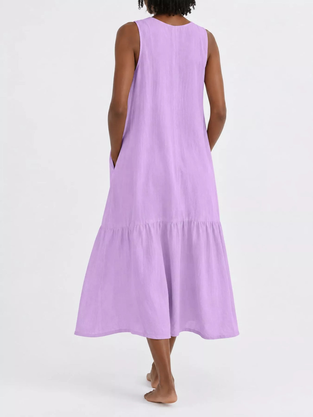 V-neck button front sleeveless midi dress