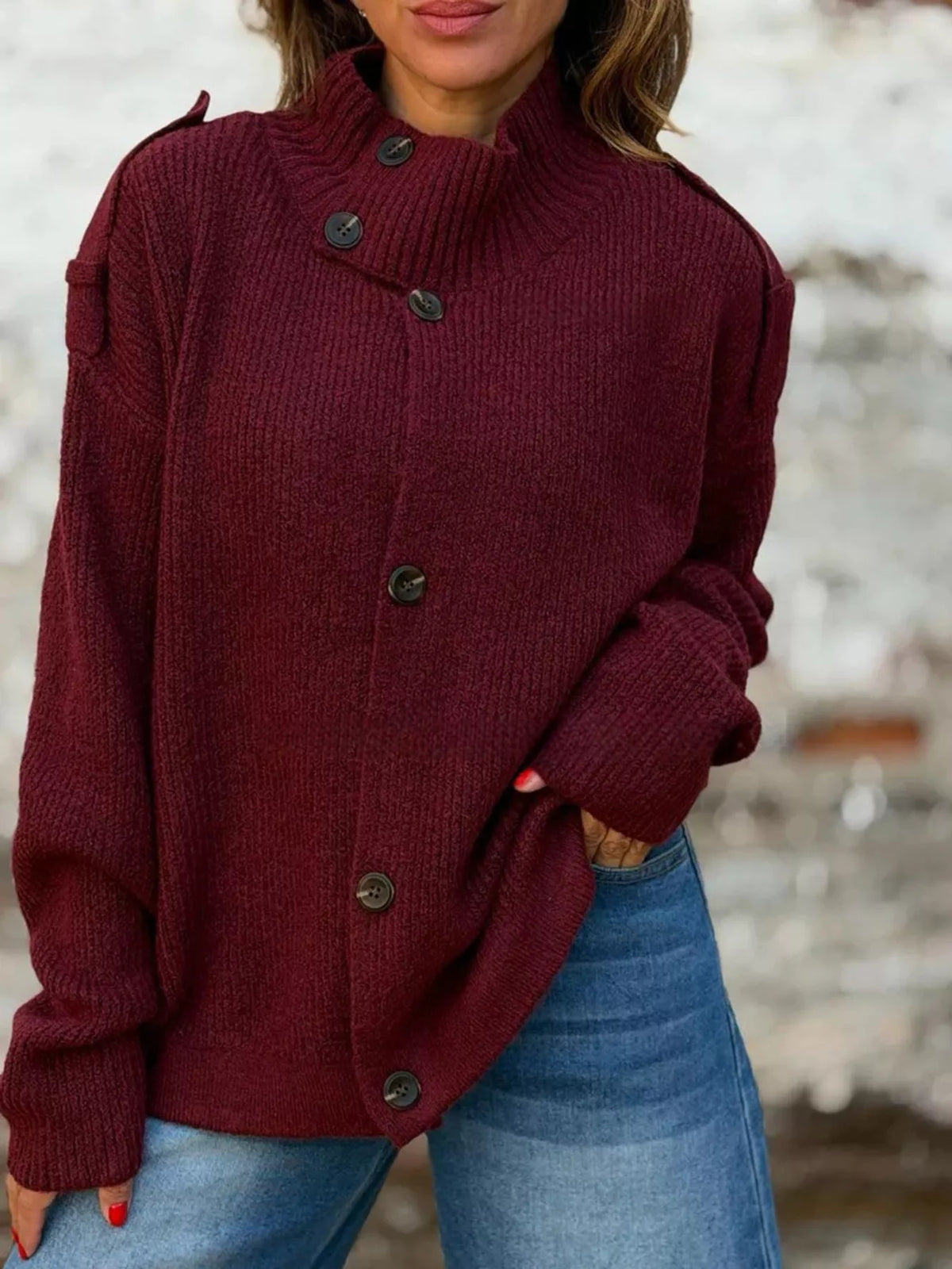 Mock-neck button cardigan – burgundy