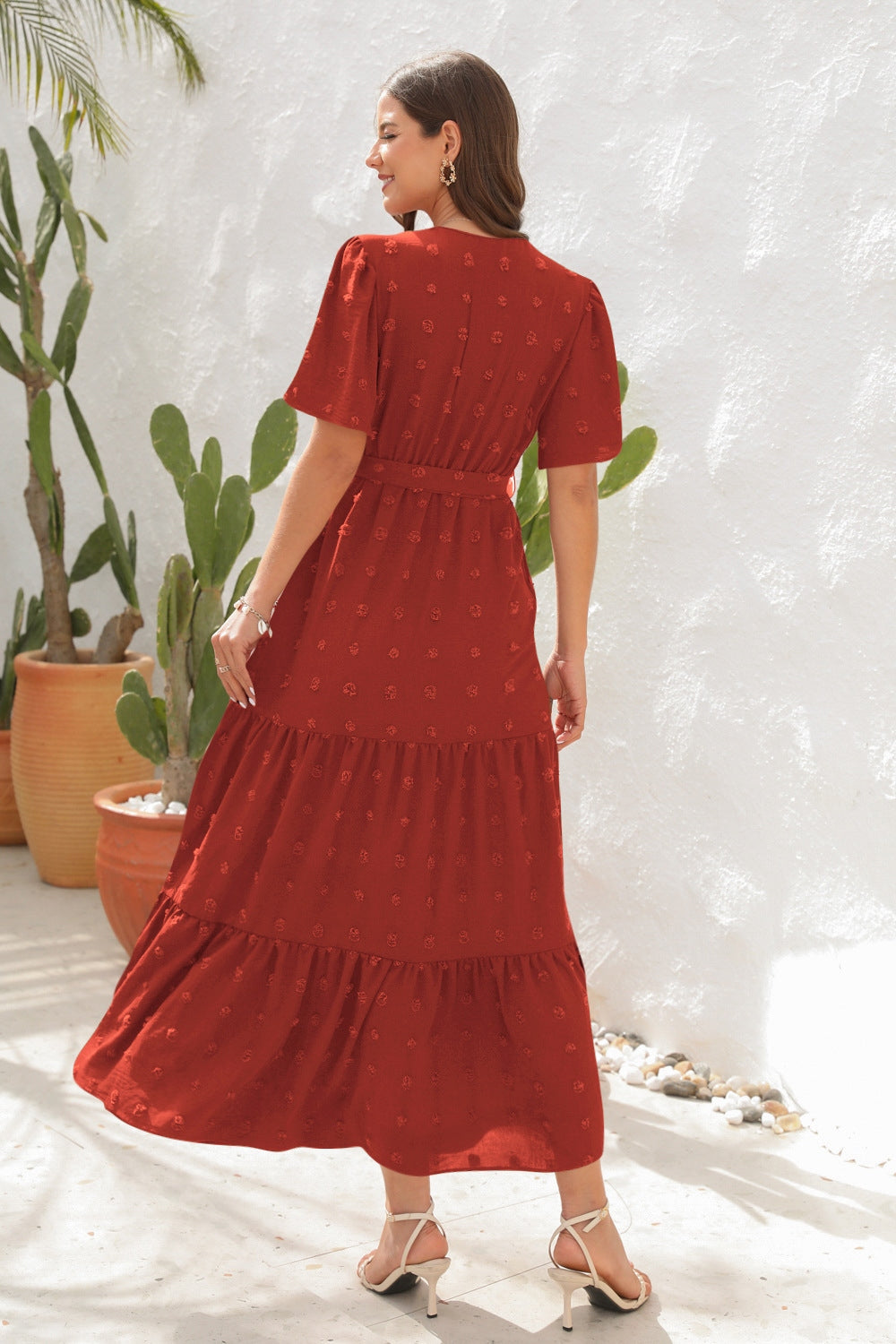 Swiss dot tied surplice short sleeve dress