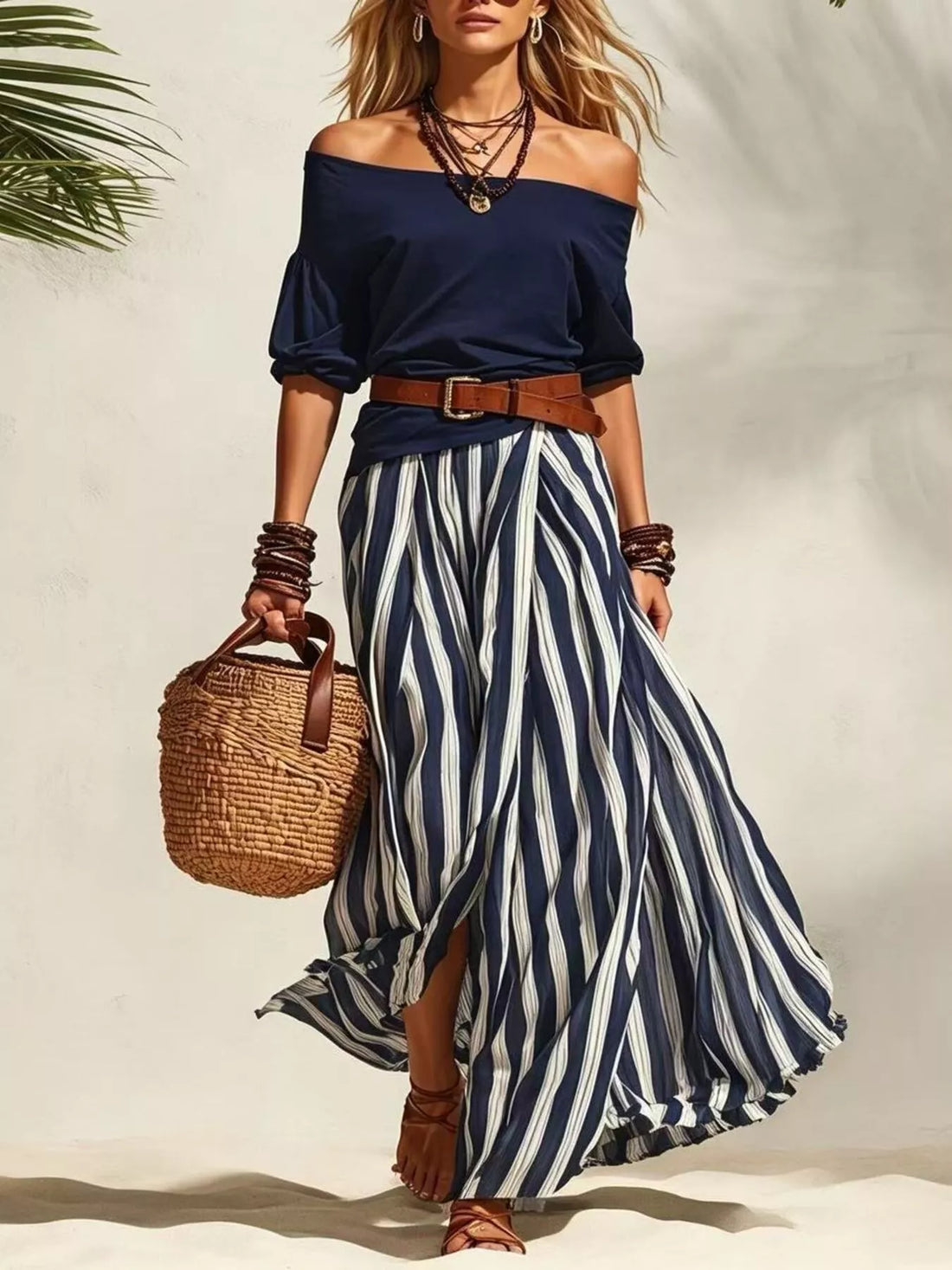 Off shoulder top and striped maxi skirt set with belt, Navy
