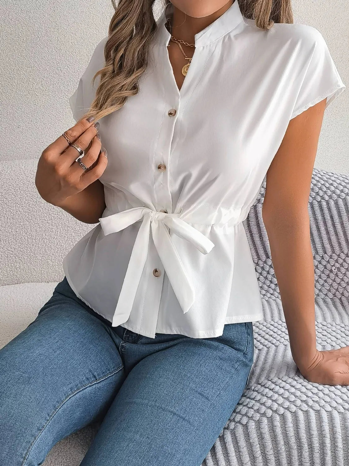 Notched neck blouse, White