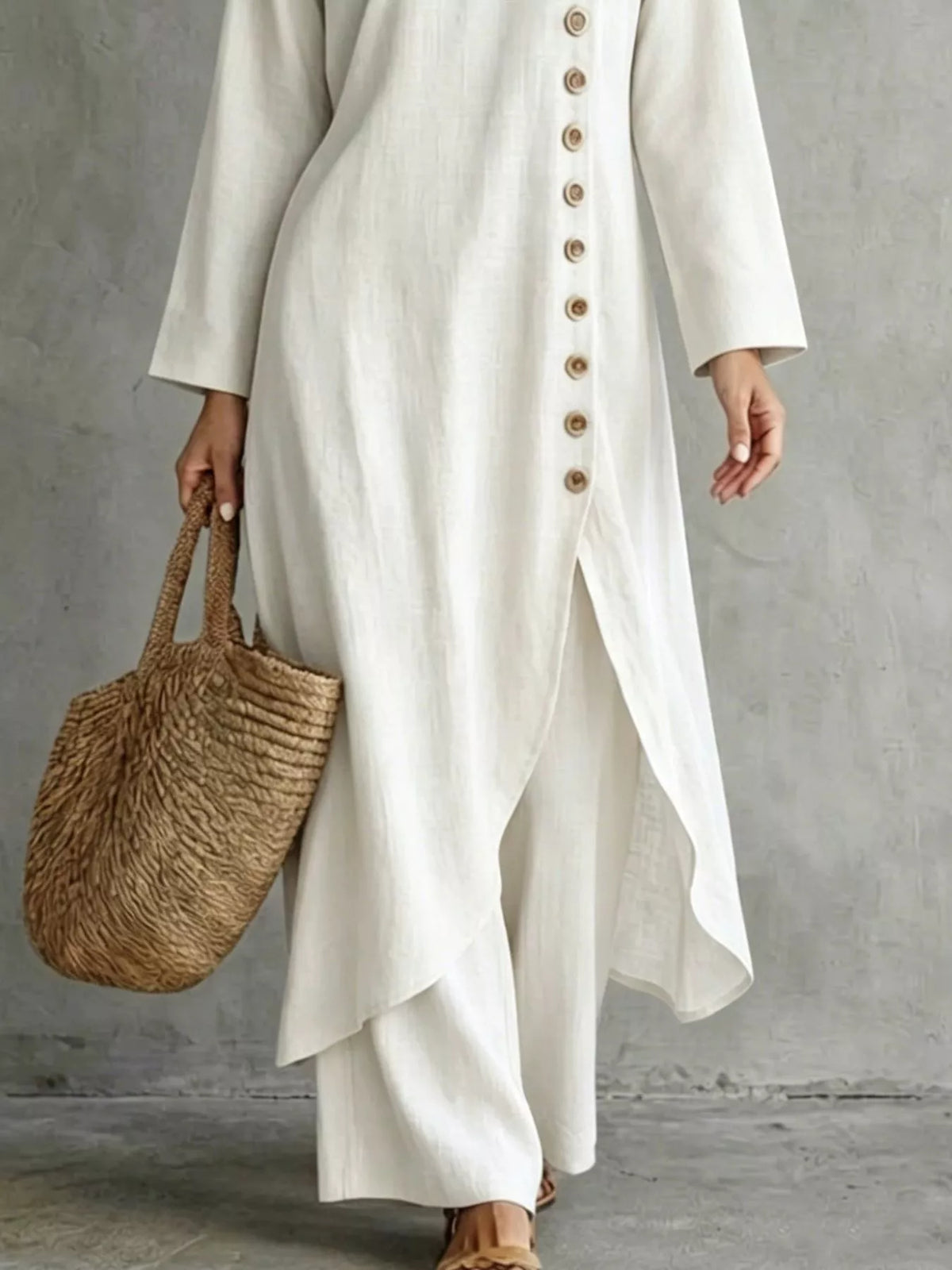 Side-buttoned longline top and pants set