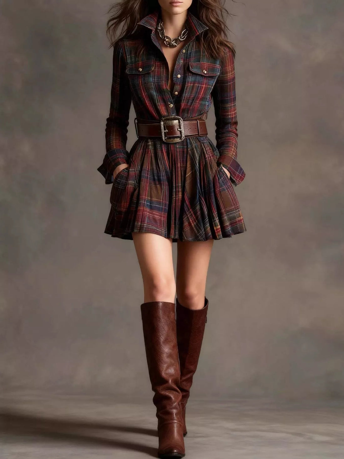 Plaid shirt dress – red brown (with belt)