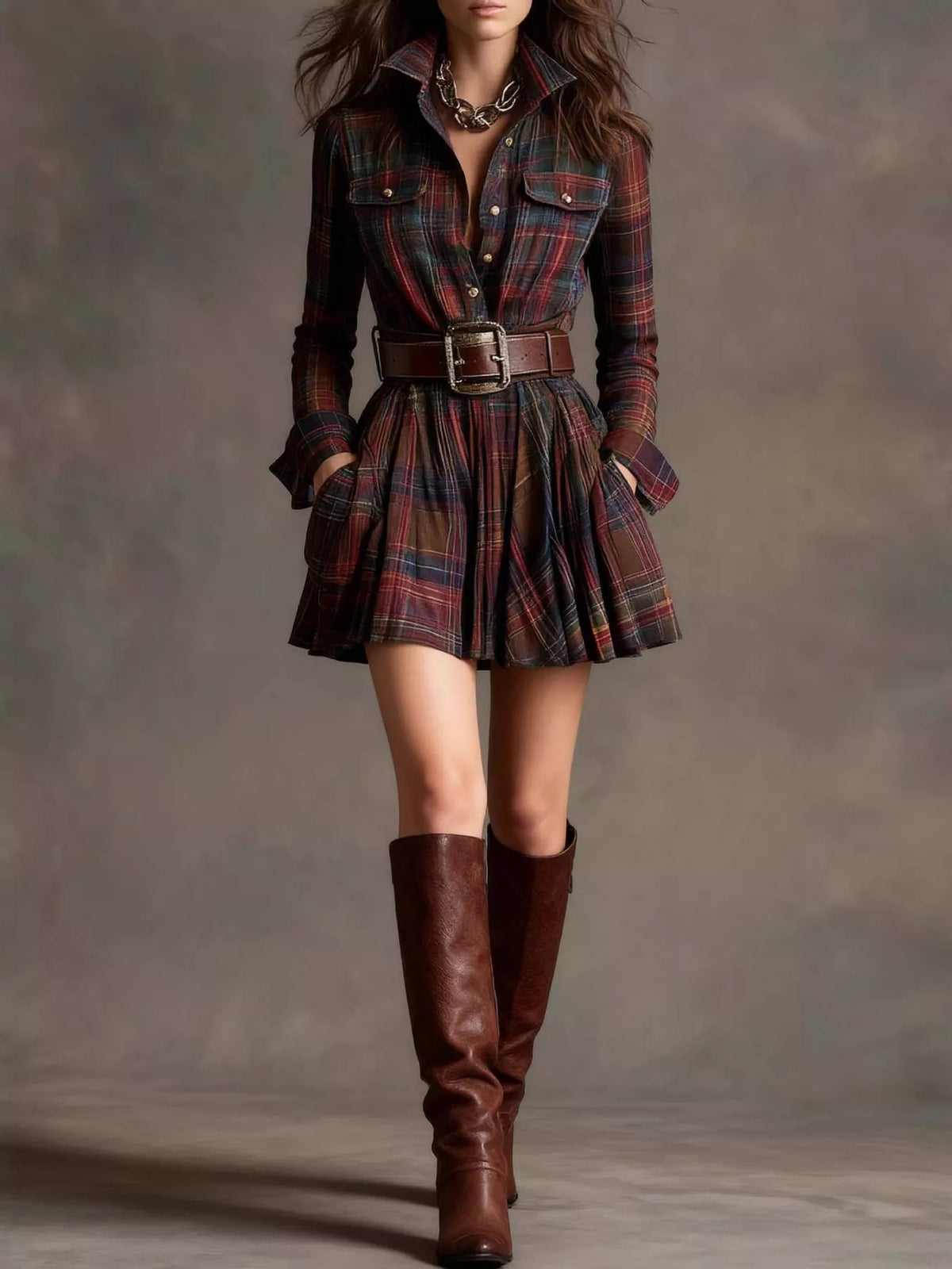 Plaid shirt dress – red brown (with belt)
