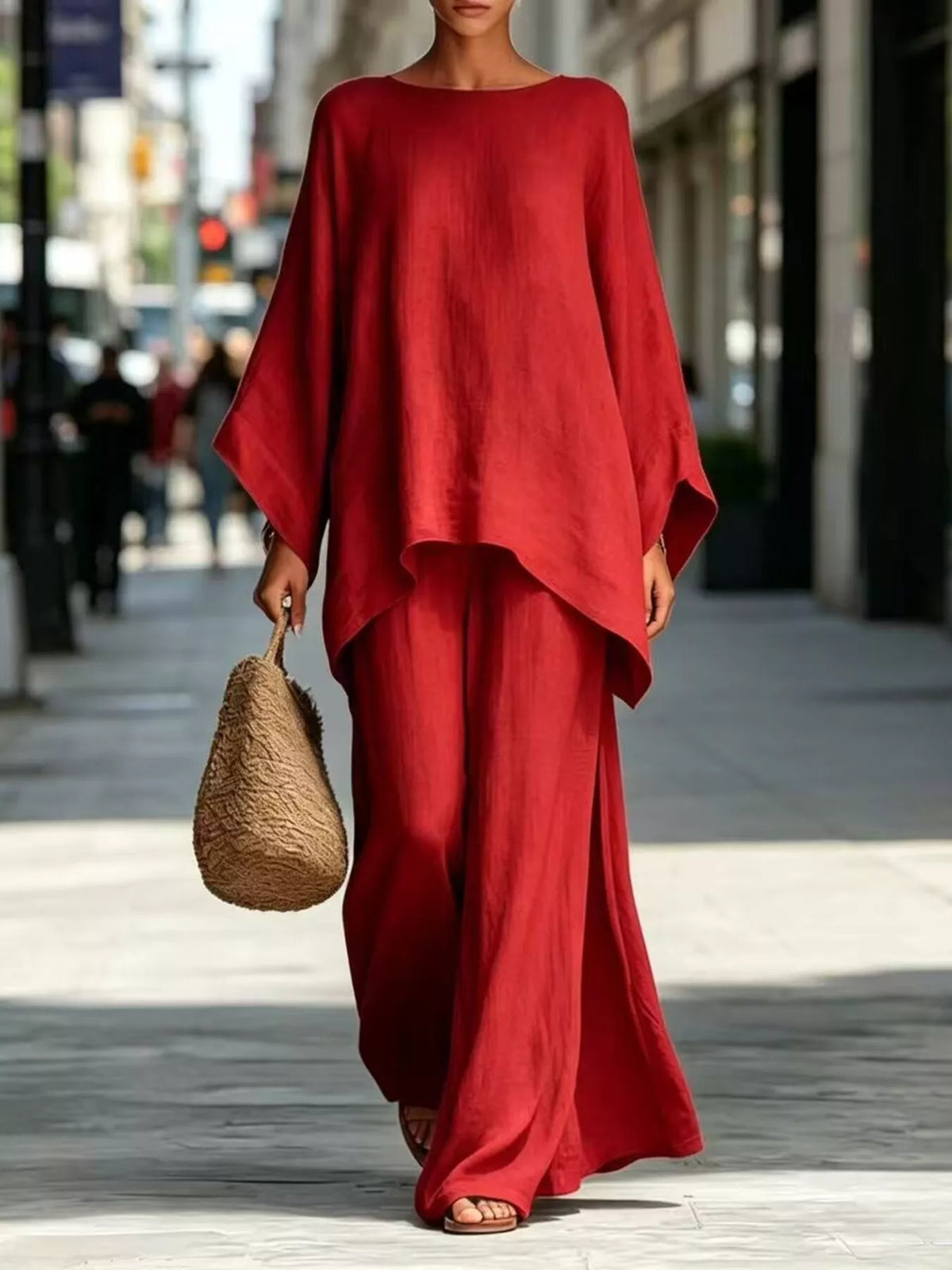 Batwing top and wide-leg trouser set, Red