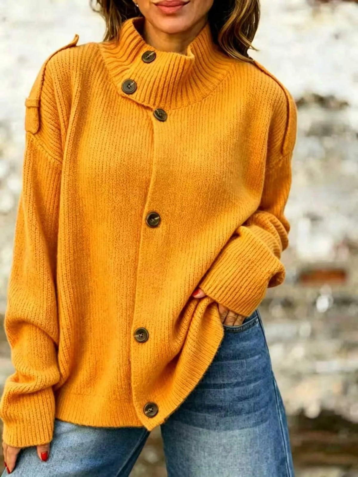 Mock-neck button cardigan – tangerine