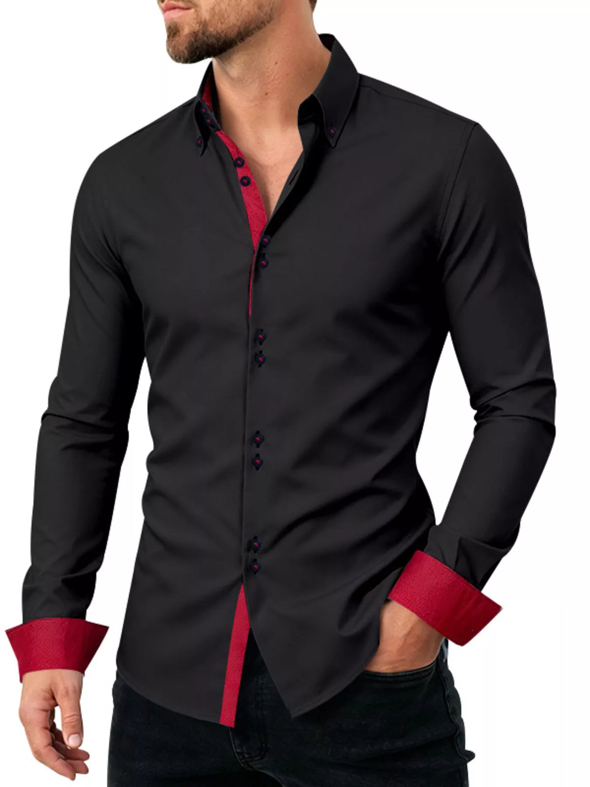 Contrast-trim slim shirt – black