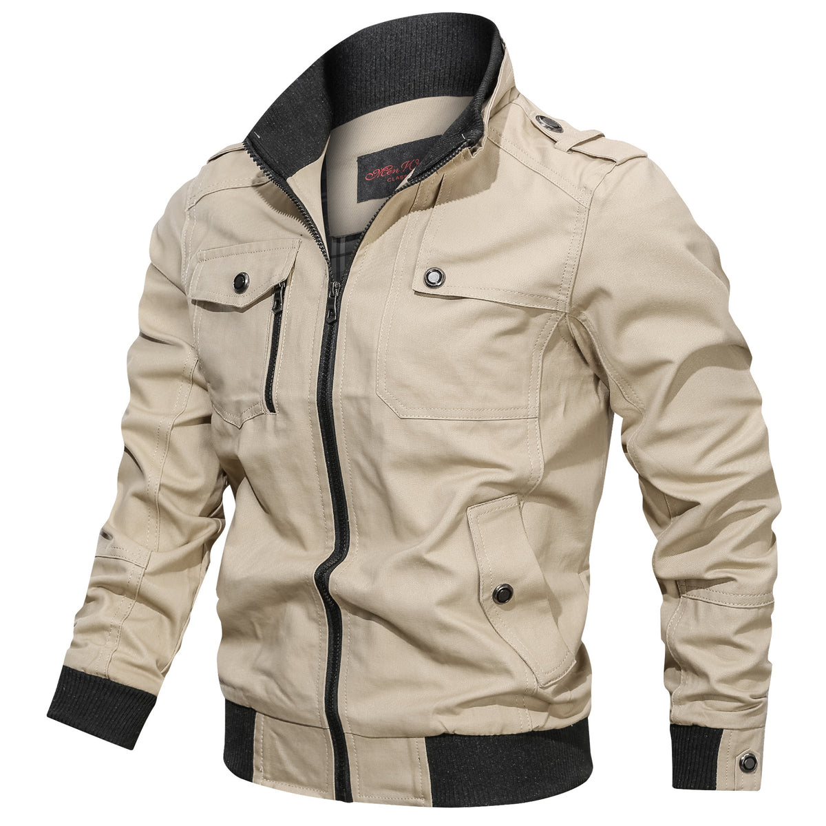 Stand collar field jacket, Khaki, front