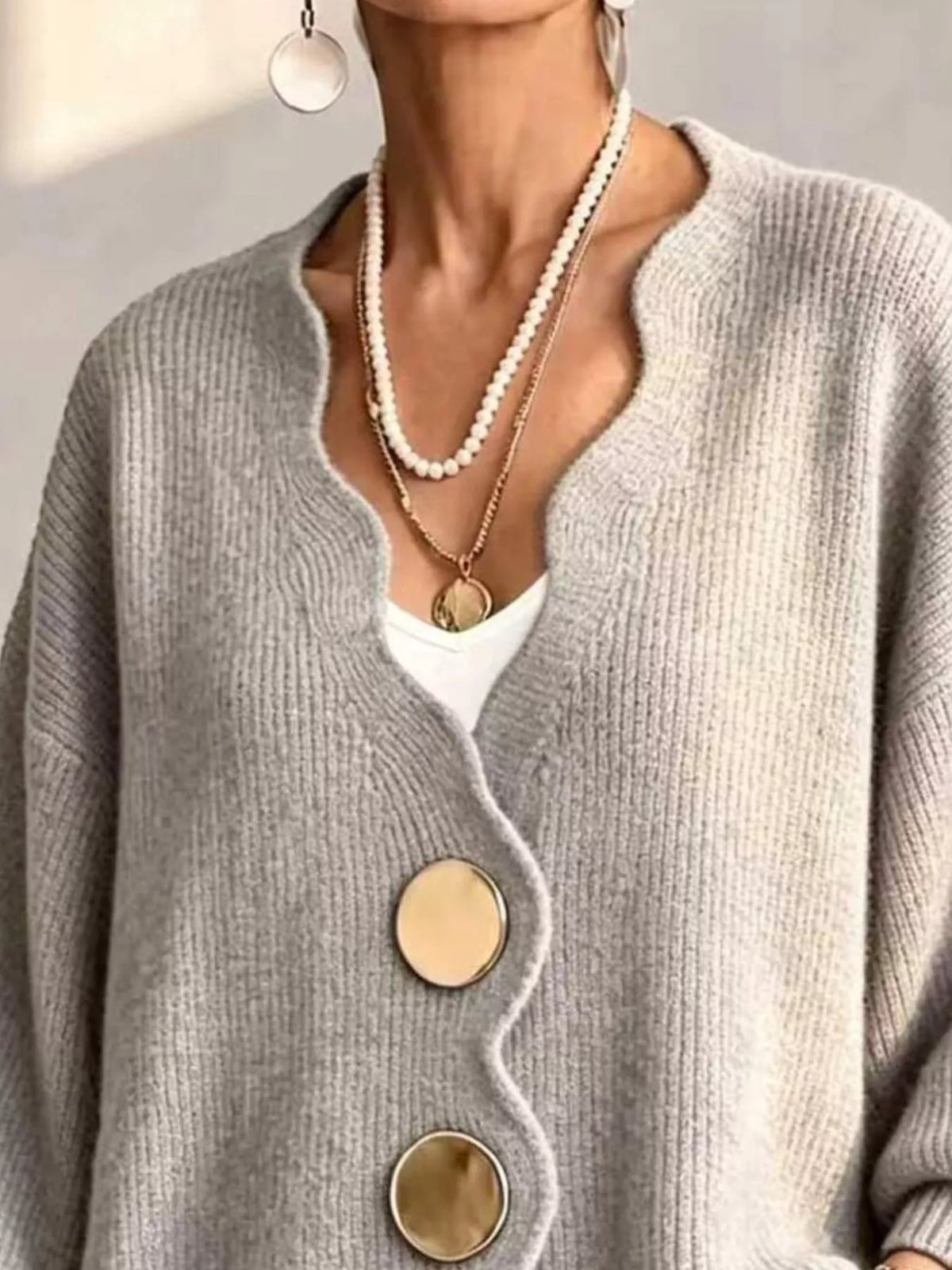 Scalloped-edge oversized button-down cardigan