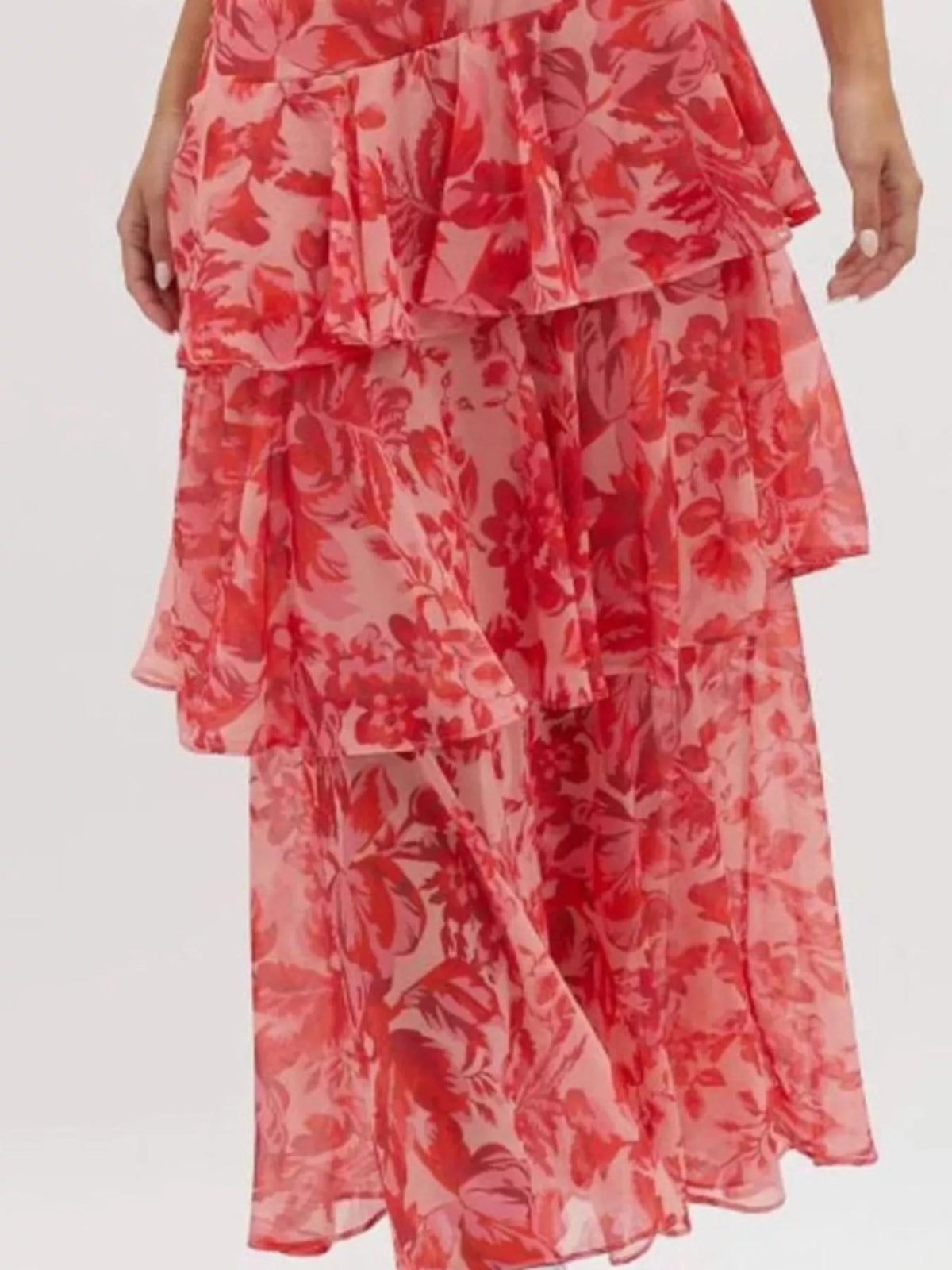 V-neck sleeveless floral print layered ruffle maxi dress