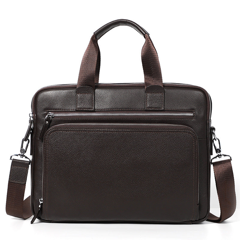 Leather laptop briefcase, Brown, front with strap
