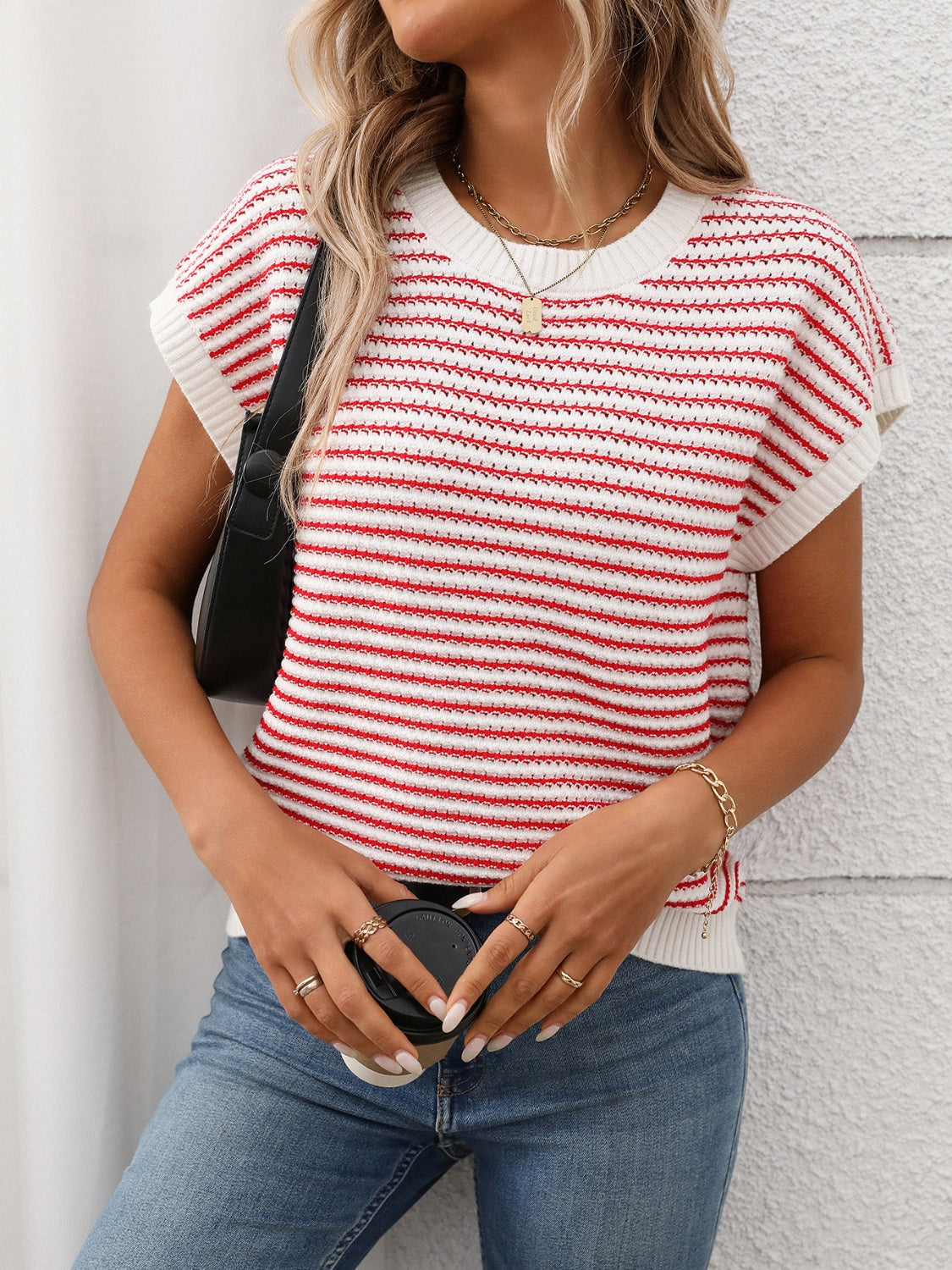 Striped short sleeve knit, Deep Red