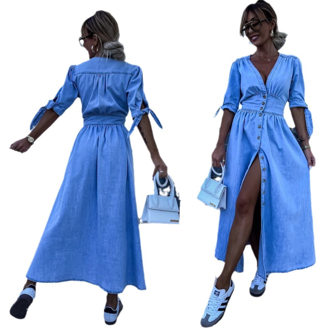 Button-front V-neck midi dress