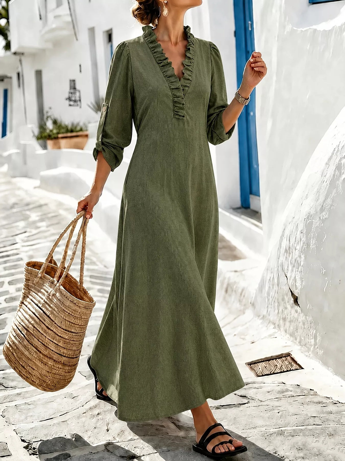 Roll-sleeve V-neck maxi dress