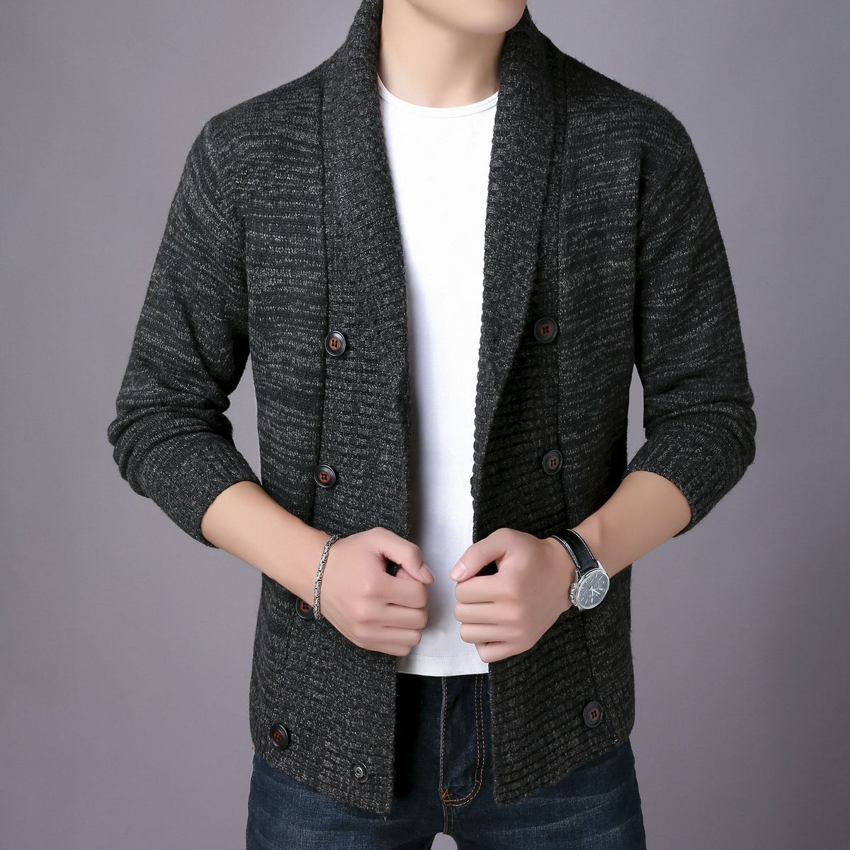 Double breasted shawl cardigan, Black, front