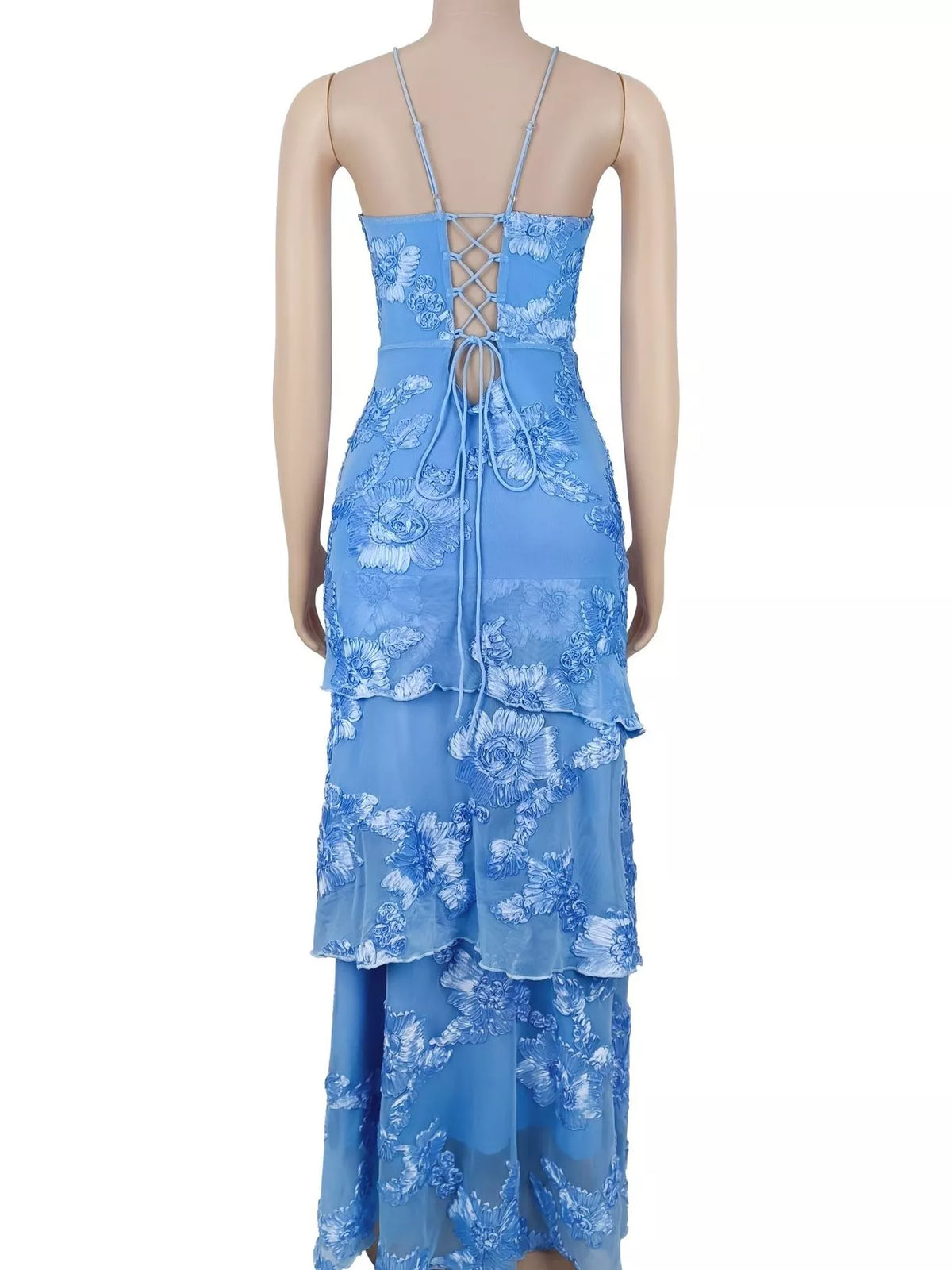 Floral appliqué tiered maxi dress