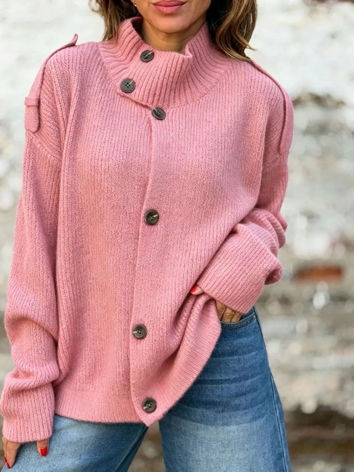 Mock-neck button cardigan – pink