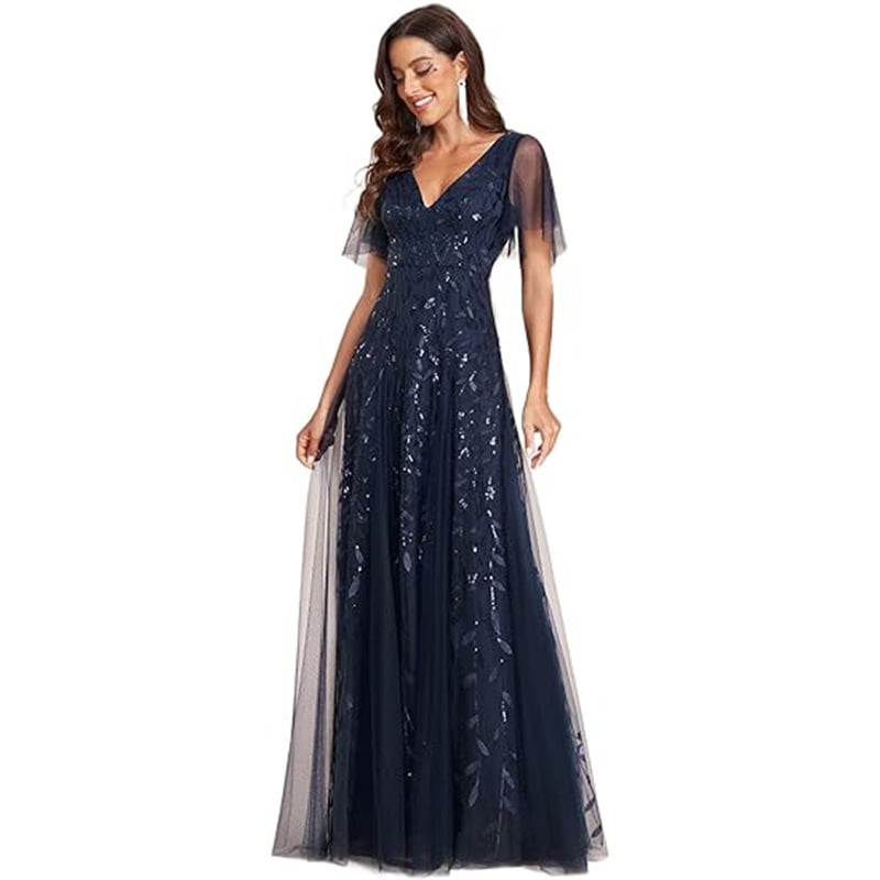Flutter-sleeve sequin gown
