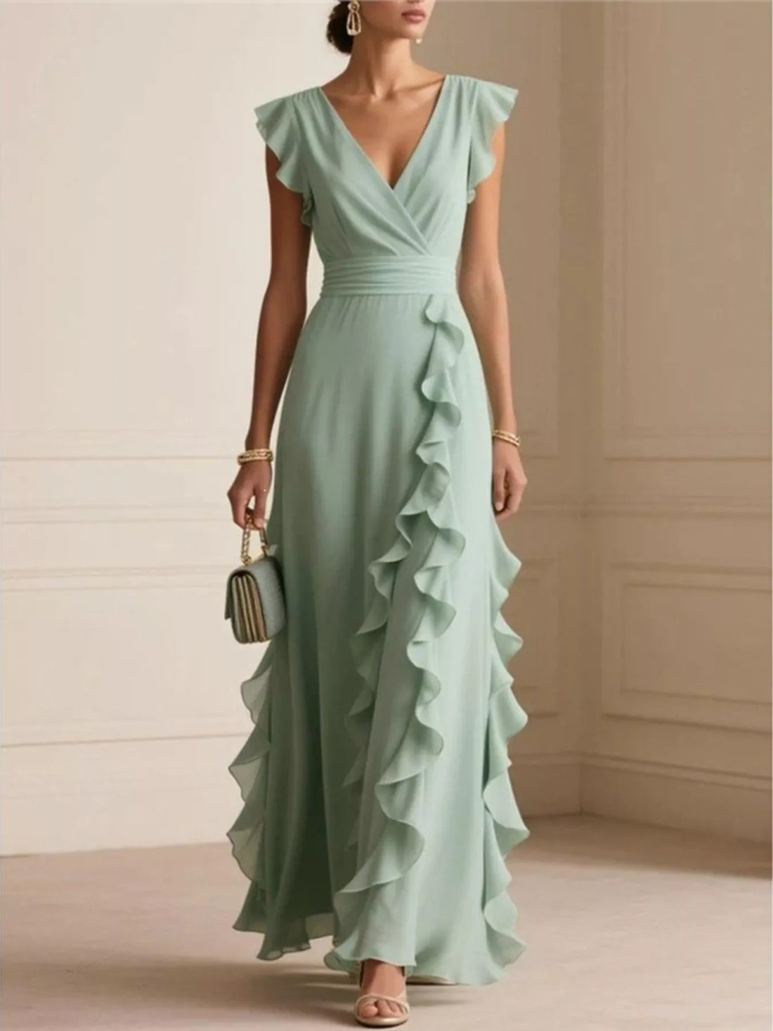 Ruffled surplice maxi dress – green