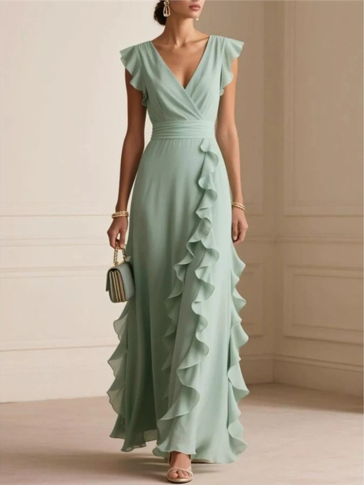Ruffled surplice maxi dress – green