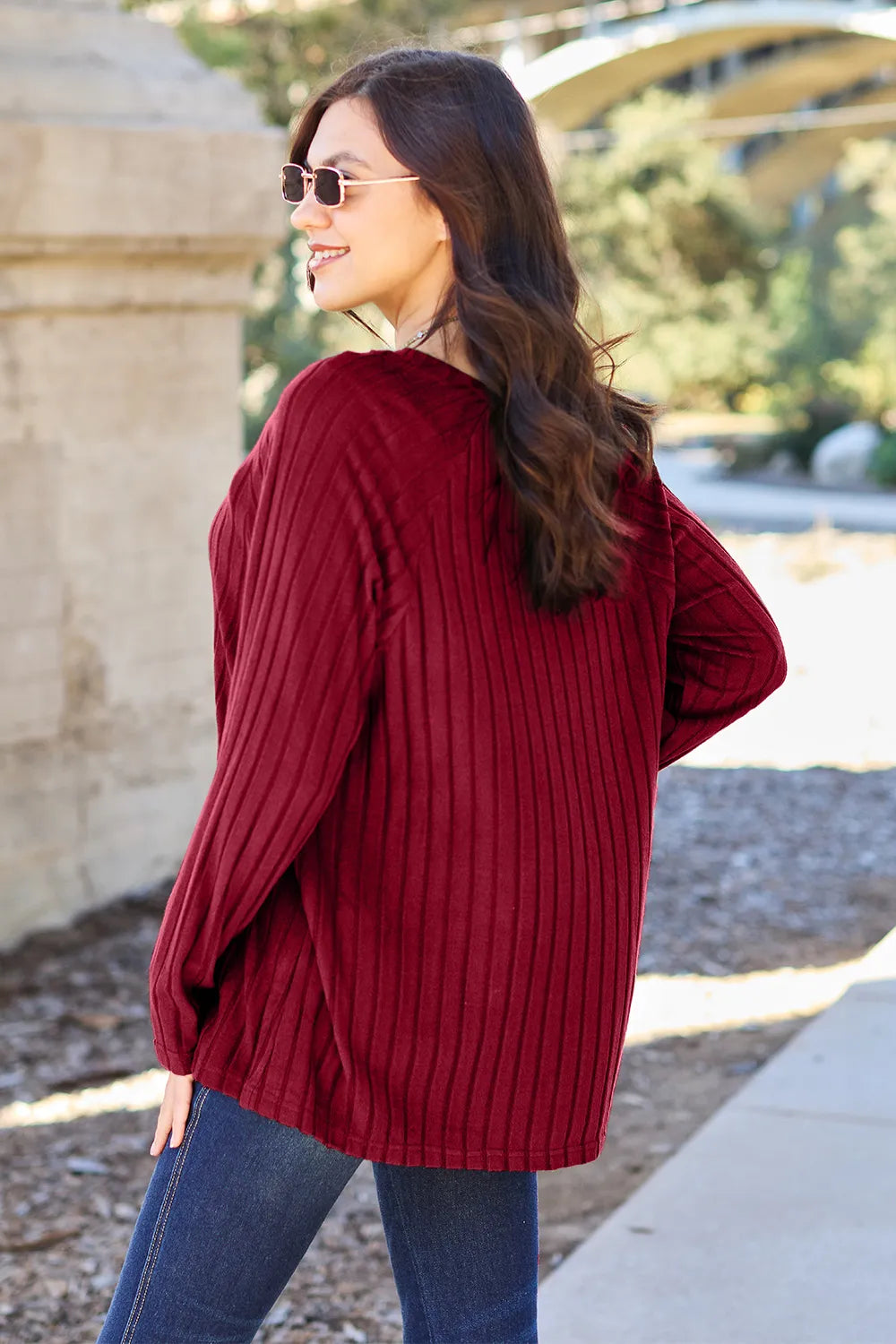 Ribbed long-sleeve knit top