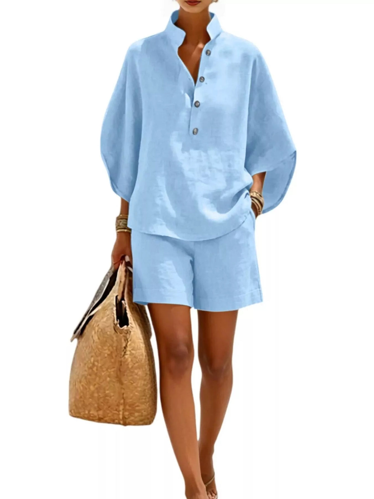 Button detail loose fit top and shorts set, Sky Blue