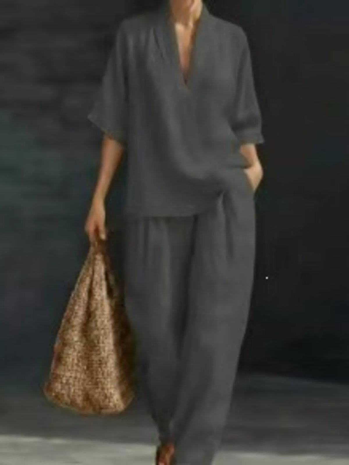 Half-sleeve wide-leg pants set – dark gray