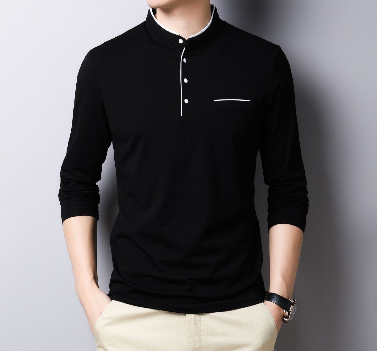 Band collar long sleeve henley, Black, front