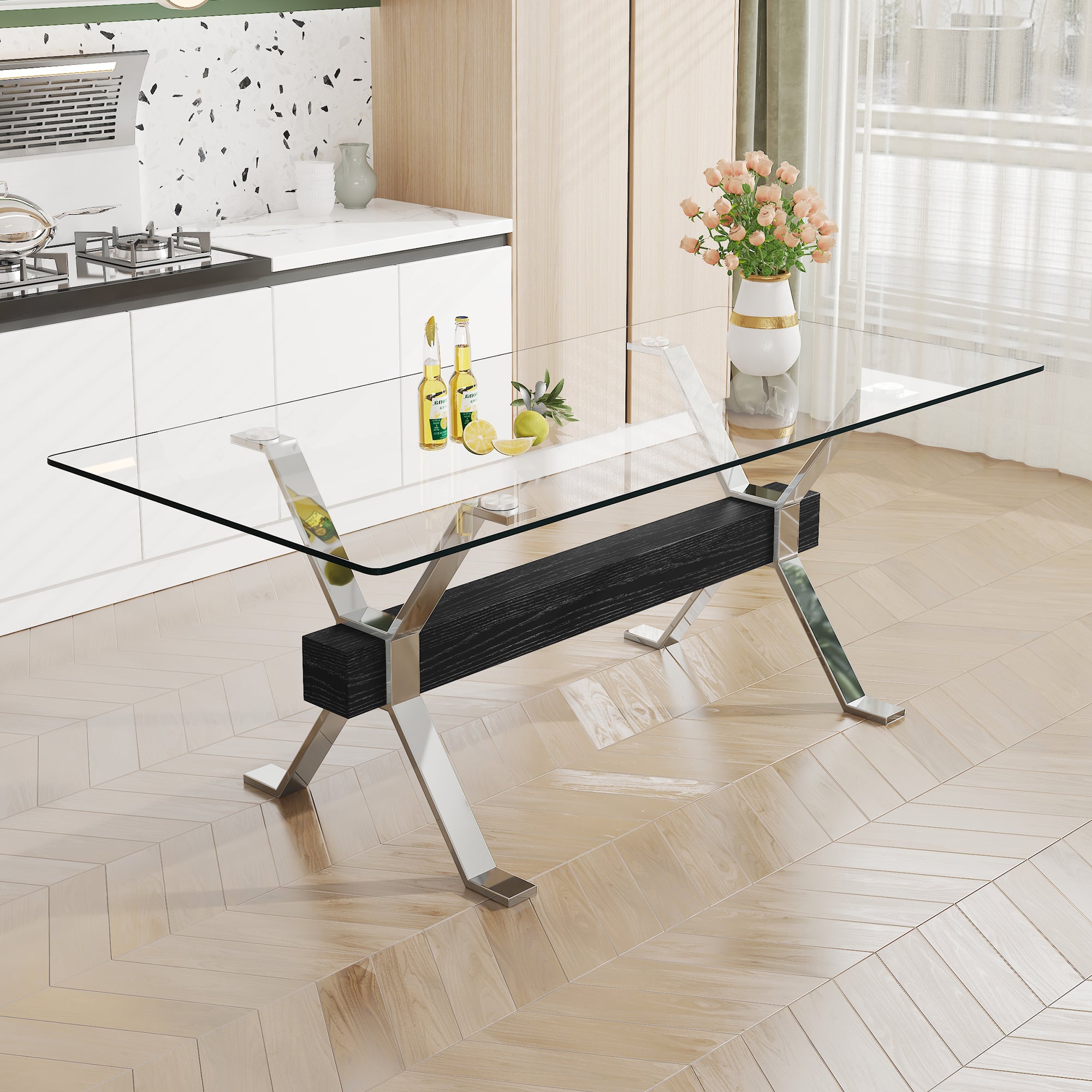 Dining table Modern tempered glass dining table Large modern office desk with silver plated metal legs and MDF crossbars