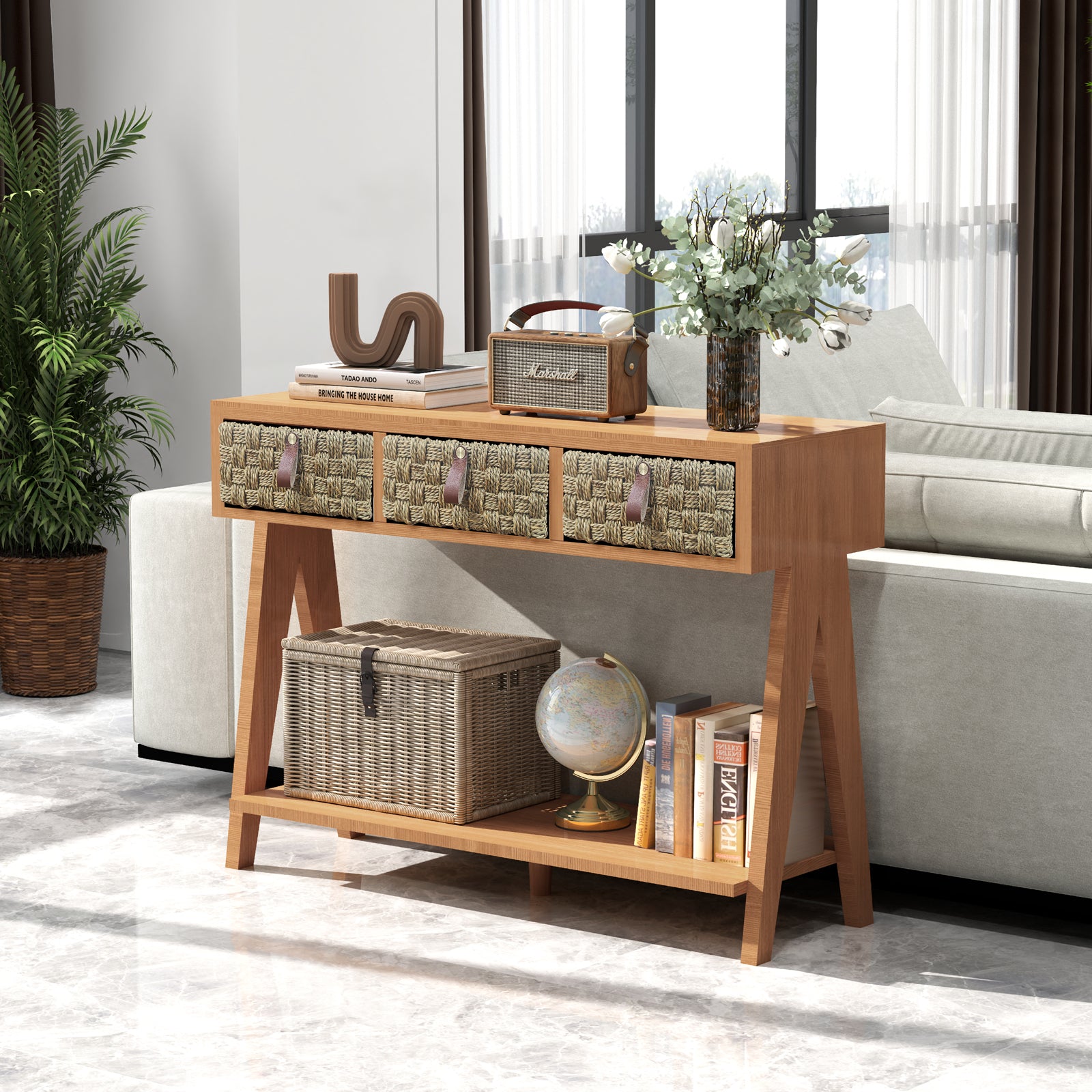 Medieval modern console table with entrance storage space, multifunctional entrance table with 3 drawers, open storage rack