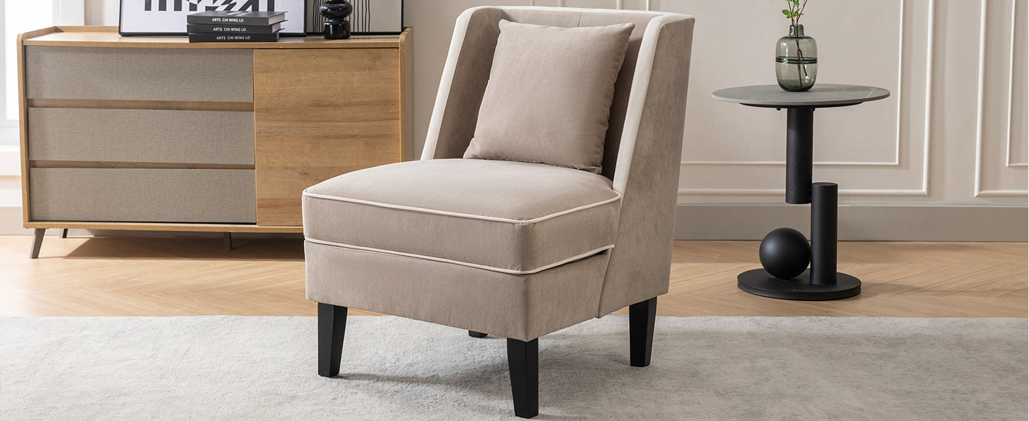 Velvet Upholstered Accent Chair with Cream Piping, Tan and Cream