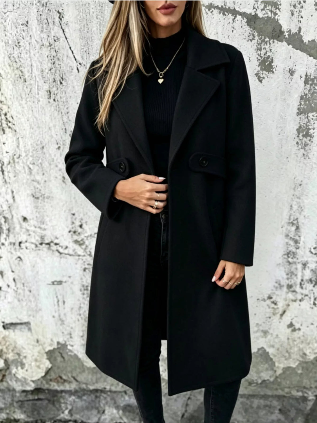 Lapel collar longline overcoat, Black