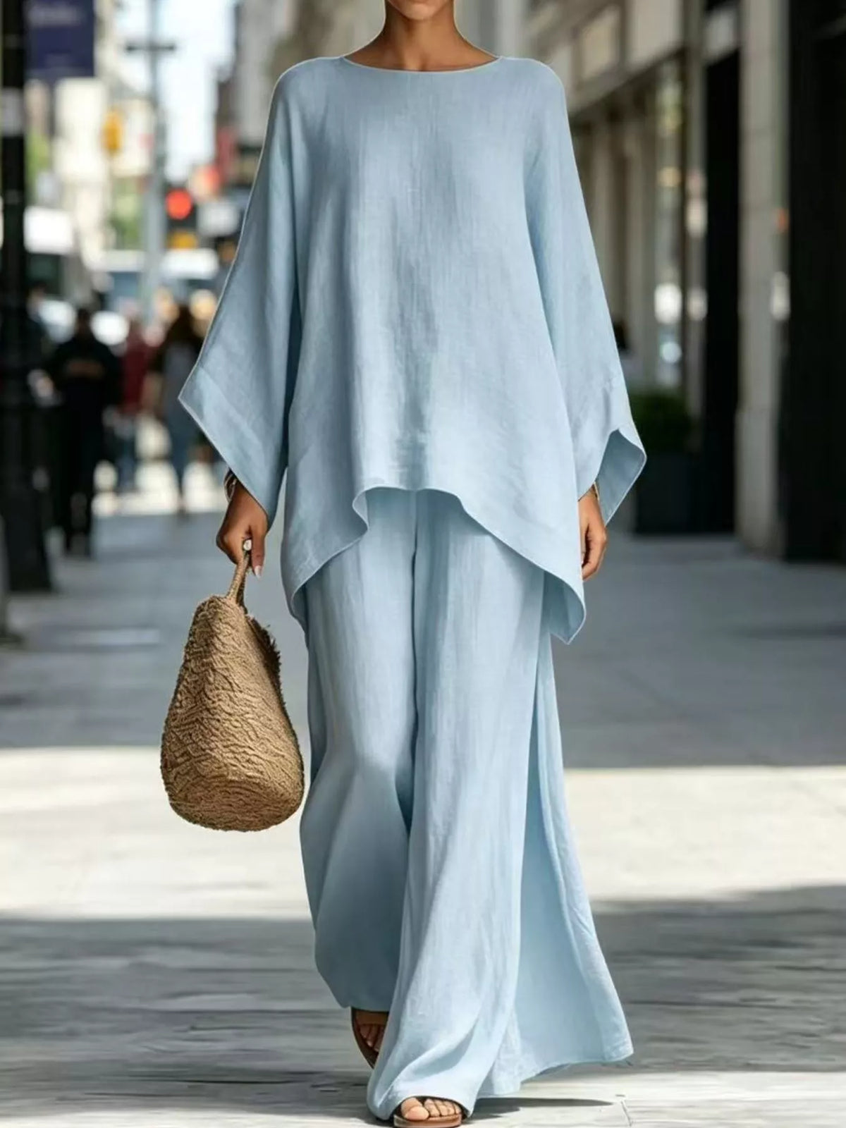 Batwing sleeve top and wide-leg pants set, Light Blue