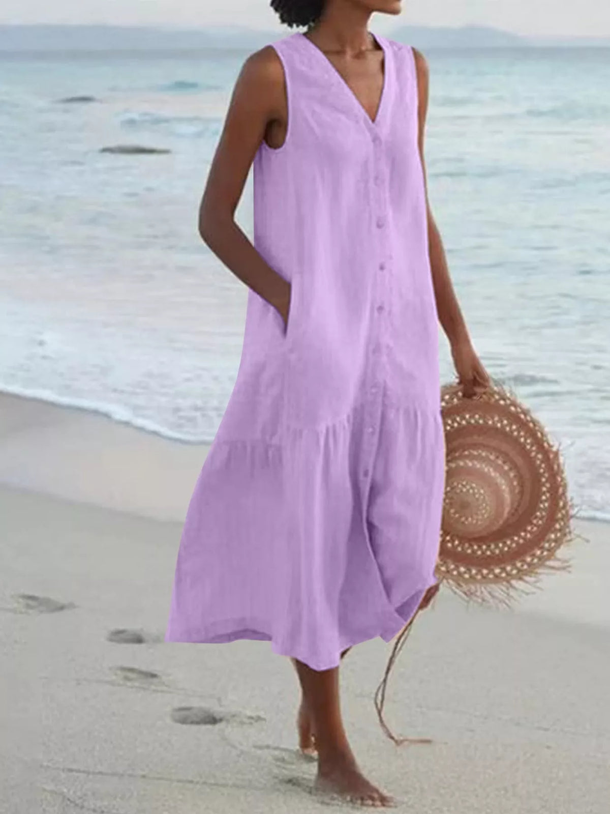 V-neck button front sleeveless midi dress, Purple