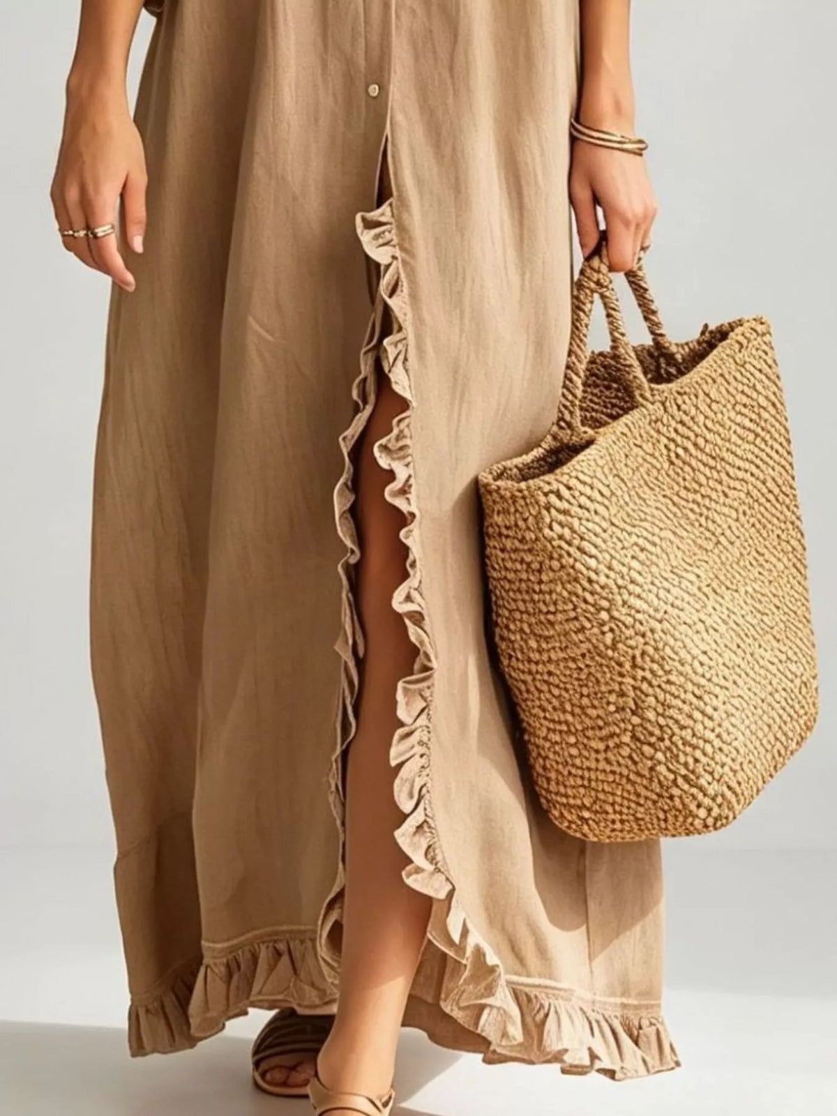 Ruffled trim button-down maxi shirt dress