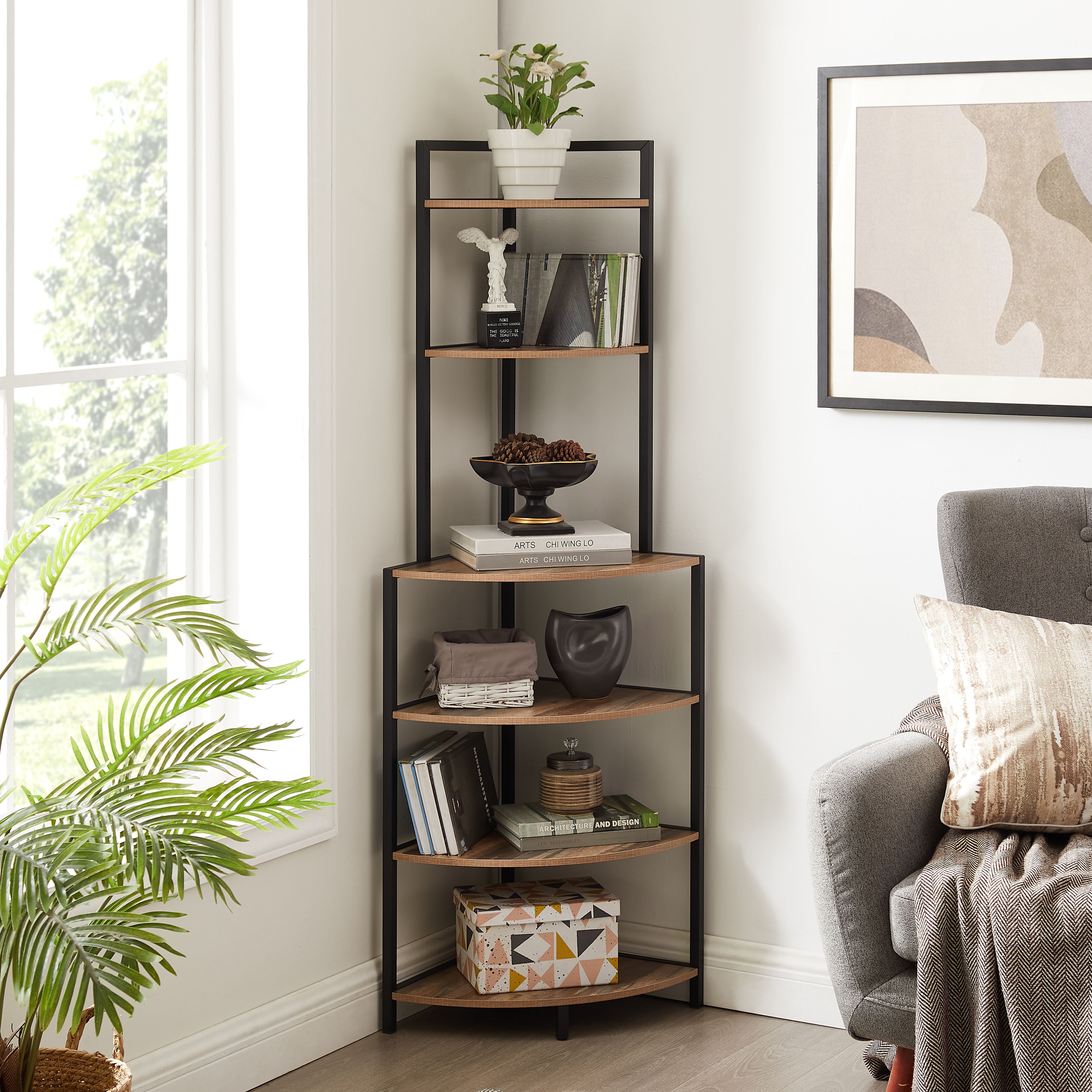 6-story corner open bookshelf modern bookshelf wooden frame independent bookshelf unit, country brown