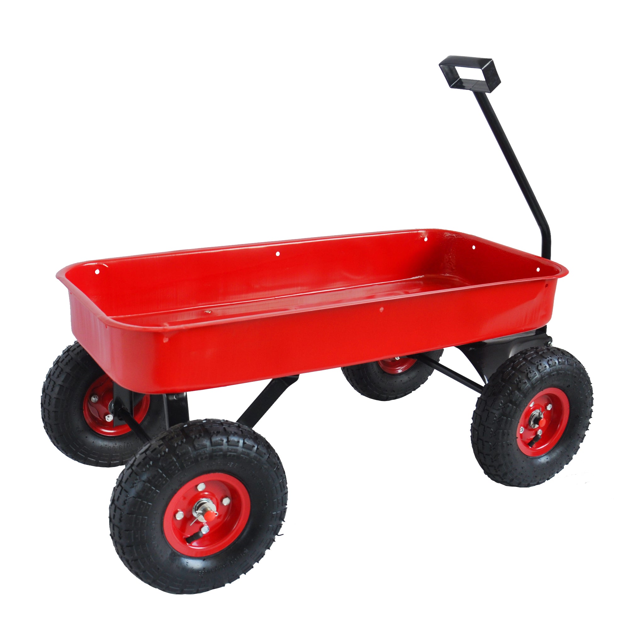 Outdoor Wagon All Terrain Pulling w/Wood Railing Air Tires Children Kid Garden（Red）