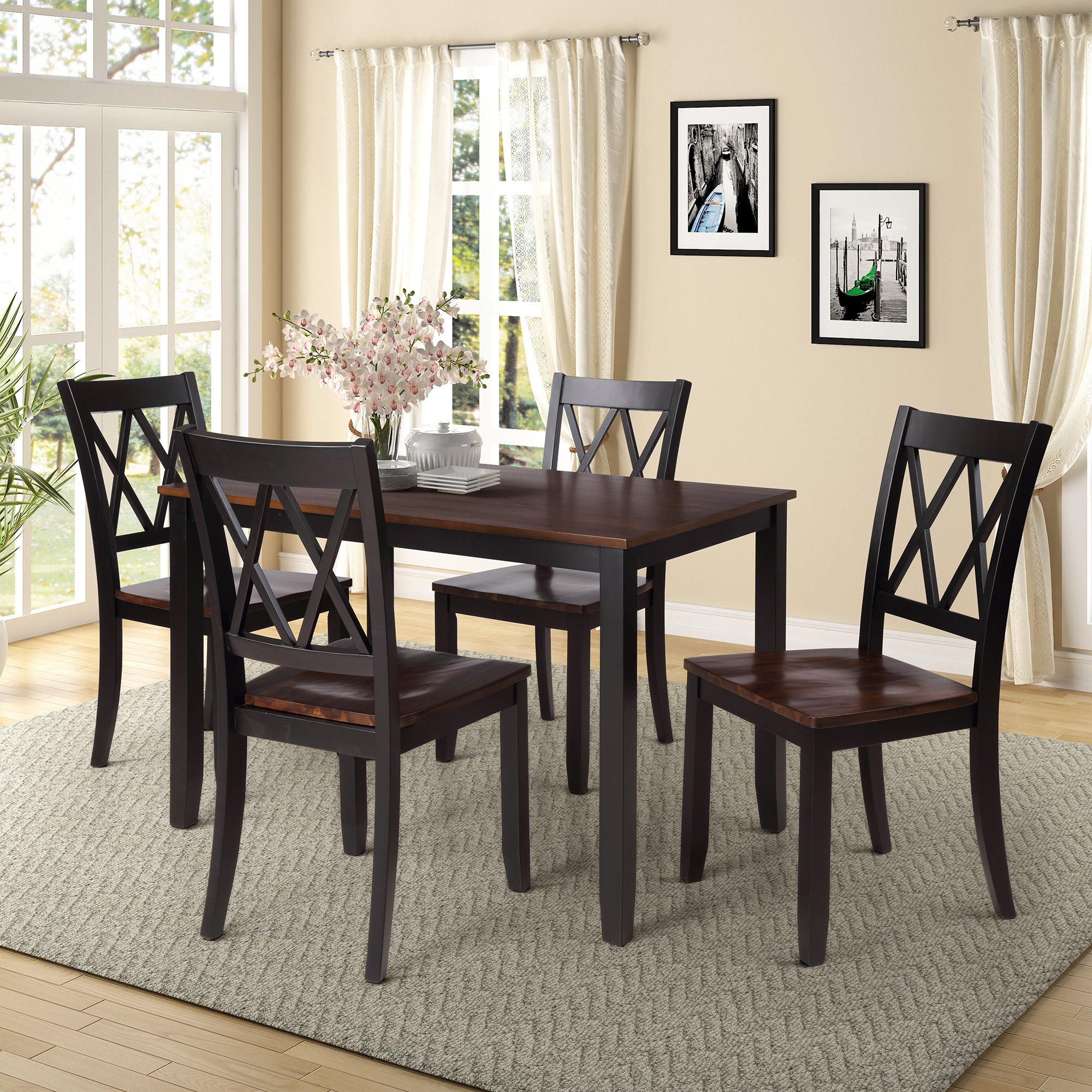 TOPMAX 5-Piece Dining Table Set Home Kitchen Table and Chairs Wood Dining Set  Black+Cherry