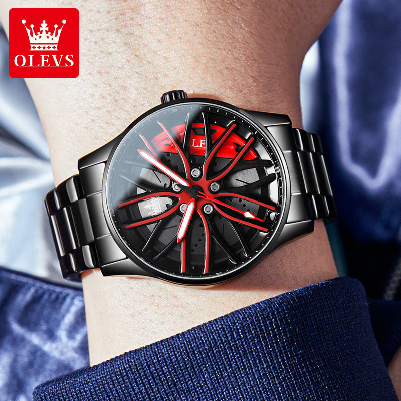 Men's wheel hub rotating fashionable and waterproof quartz watch