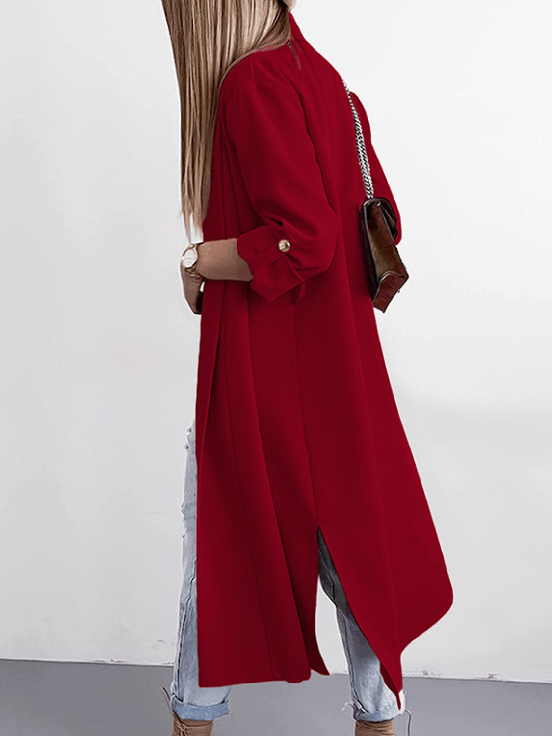 Slit open front roll-tab sleeve trench coat