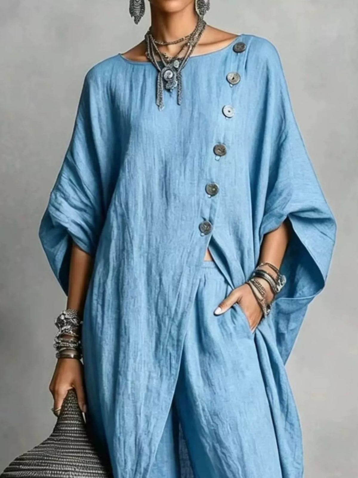 Asymmetric button-down top and wide-leg pants set