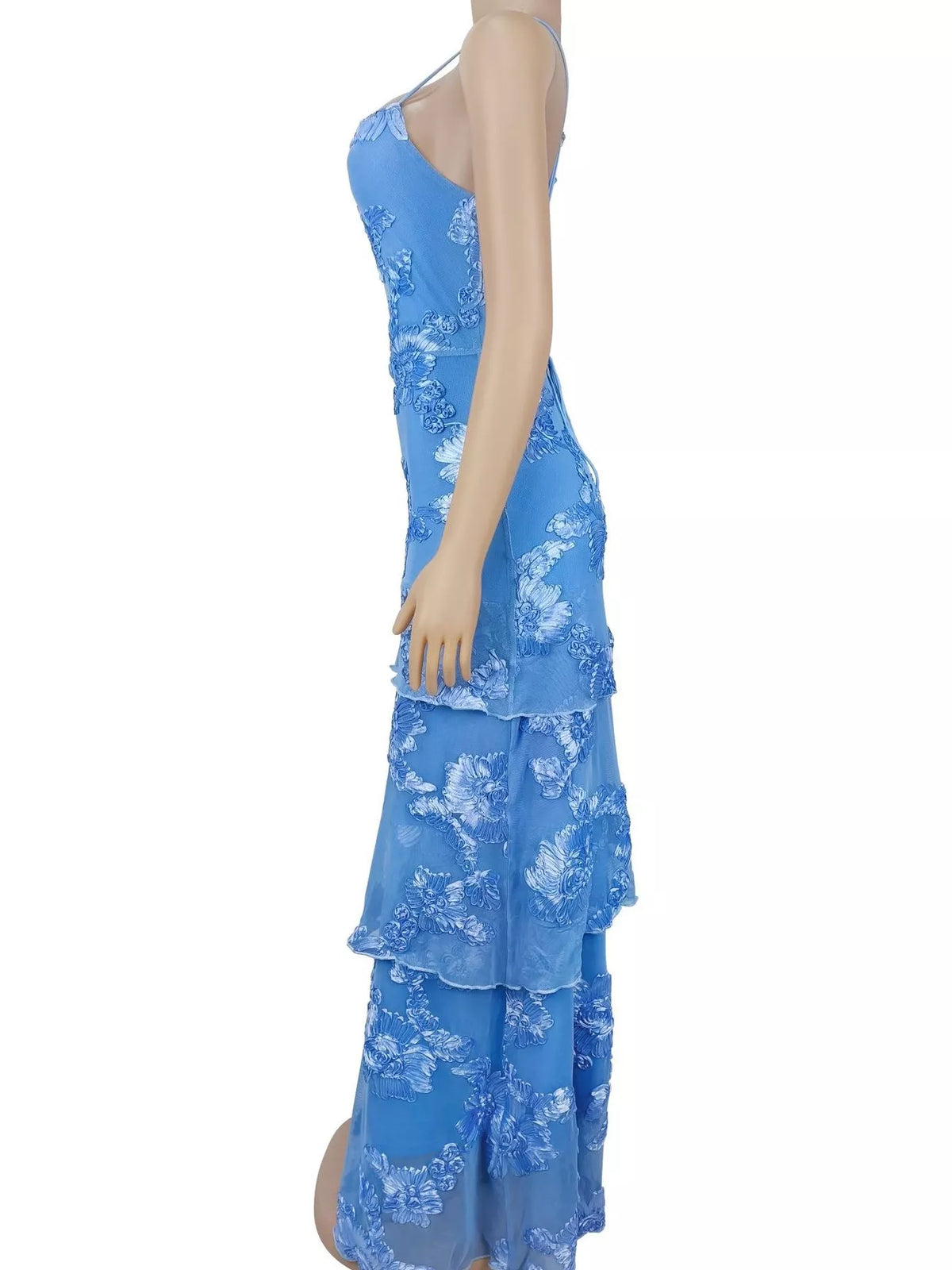 Floral appliqué tiered maxi dress