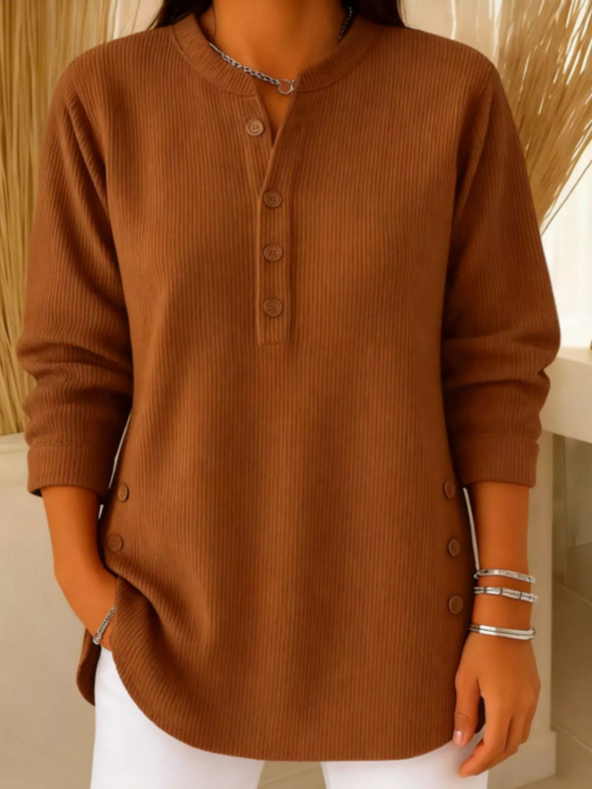 Corduroy button top – light brown