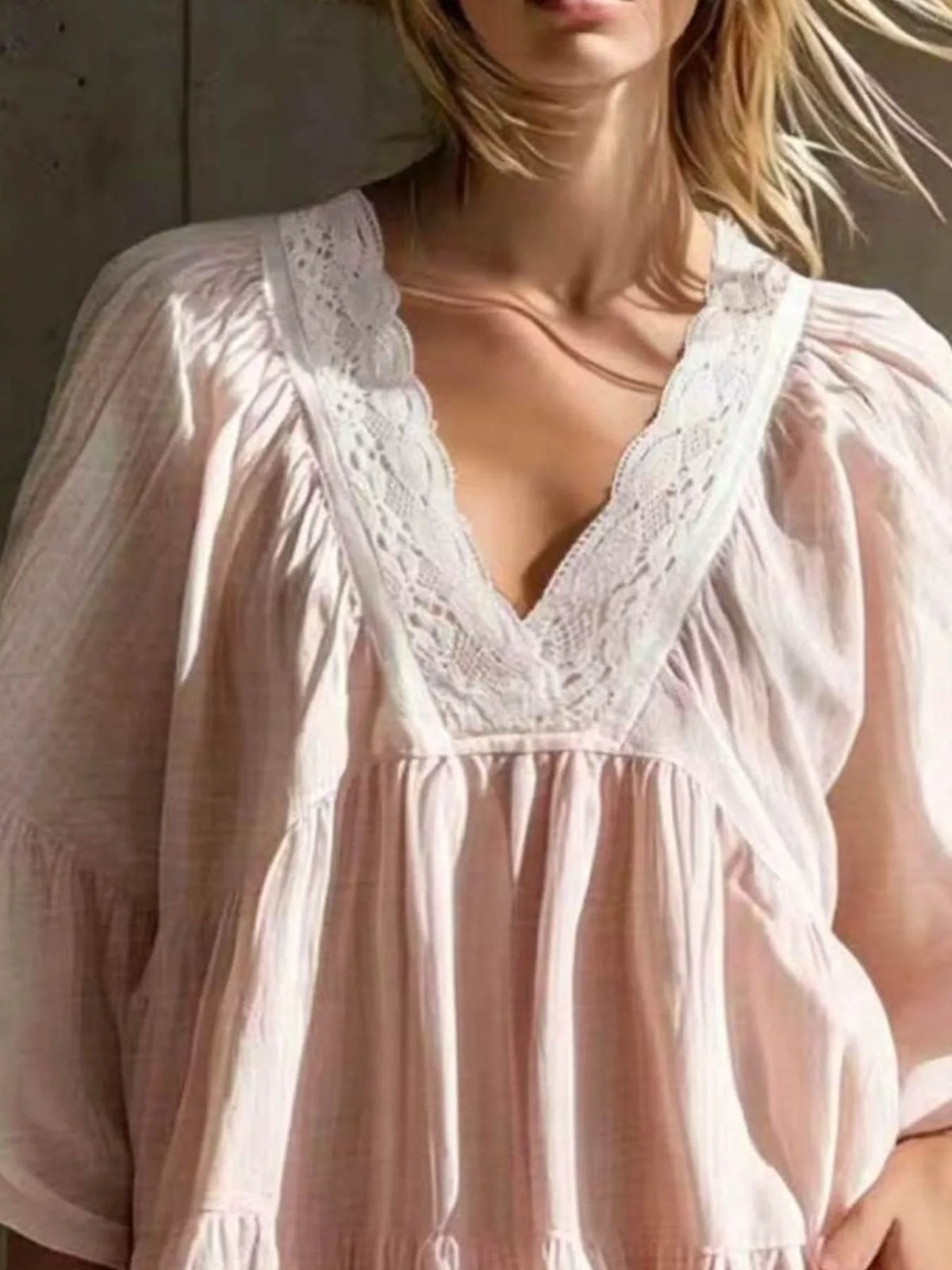 Lace-trim puff-sleeve dress