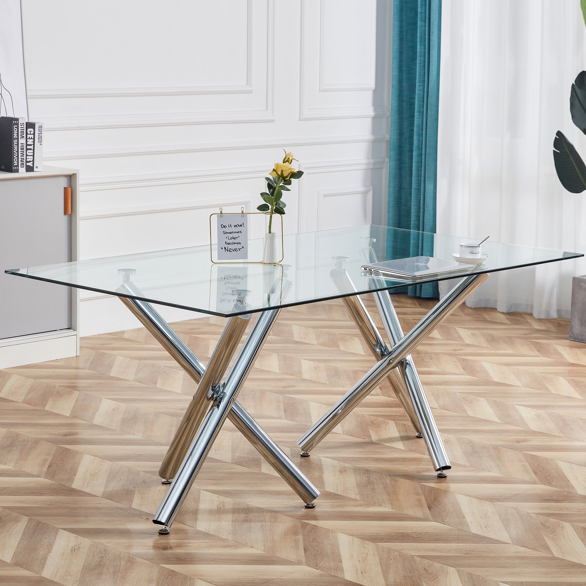 Large Modern Minimalist Rectangular Glass Dining Table for 6-8