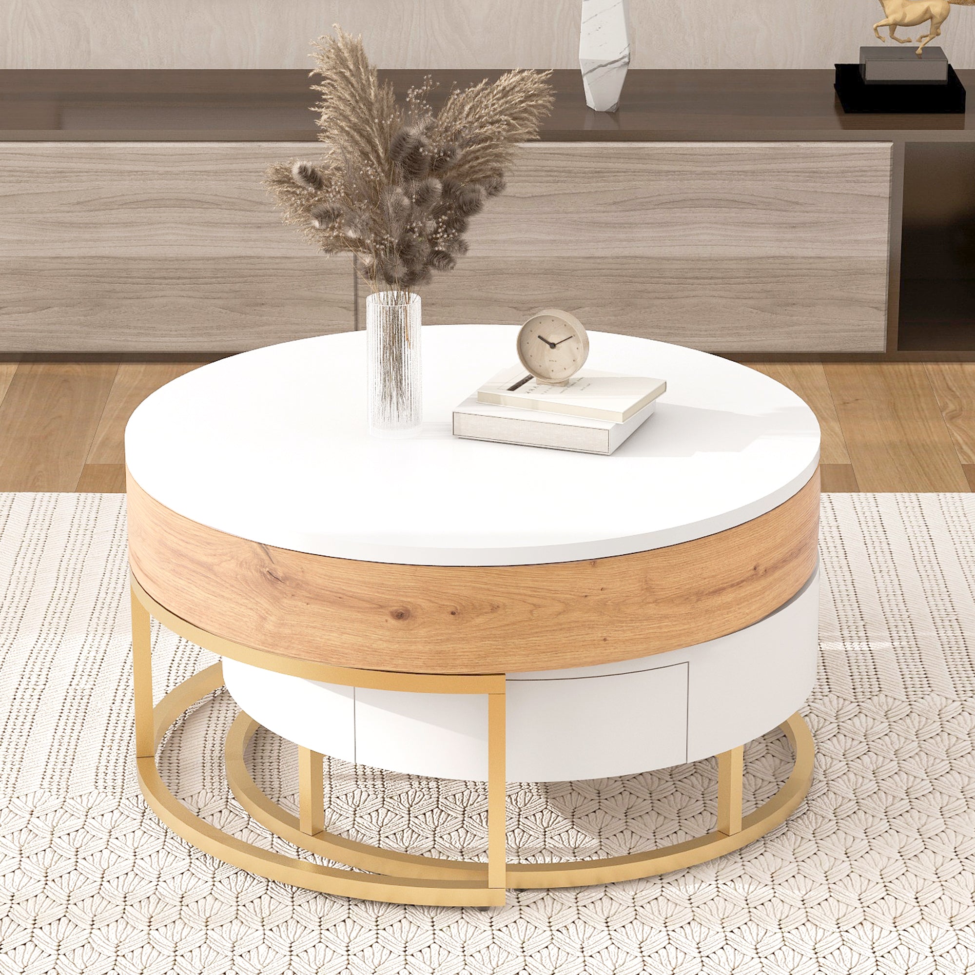 Modern Round Lift-top Nesting Coffee Tables with 2 Drawers White & Natural