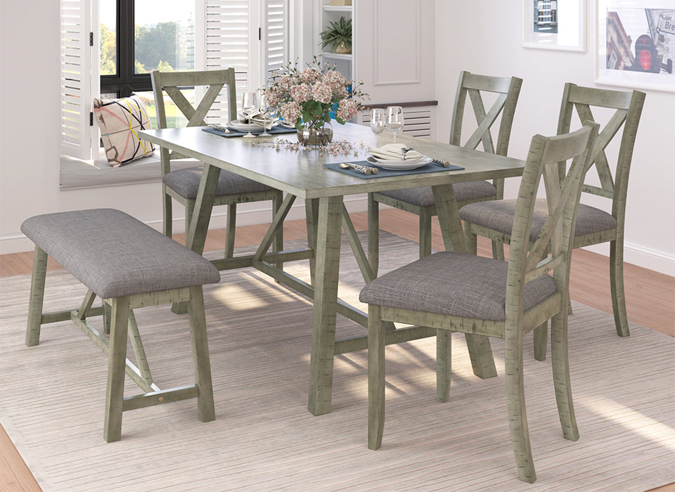 TOPMAX 6 Piece Dining Table Set Wood Dining Table and chair Kitchen Table Set with Table, Bench and 4 Chairs  Rustic Style Gray