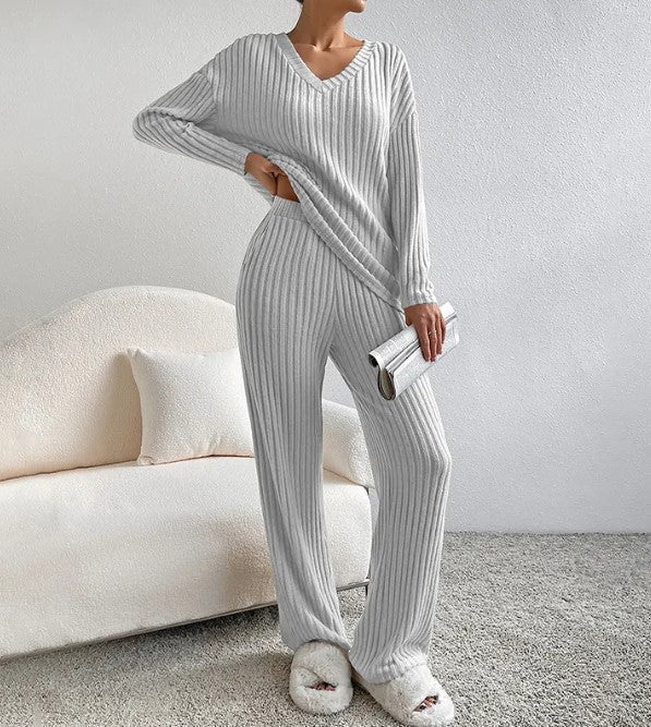 Ribbed V neck lounge set, Gray, front