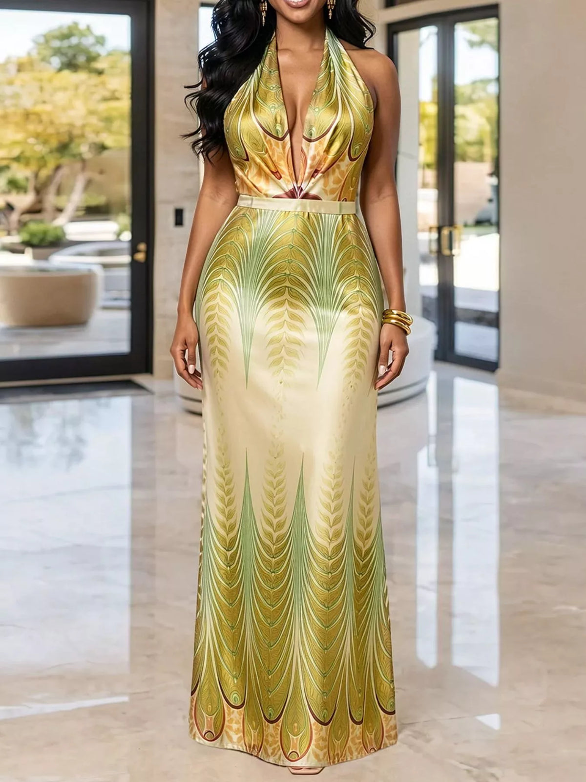Leaf-print halter maxi dress