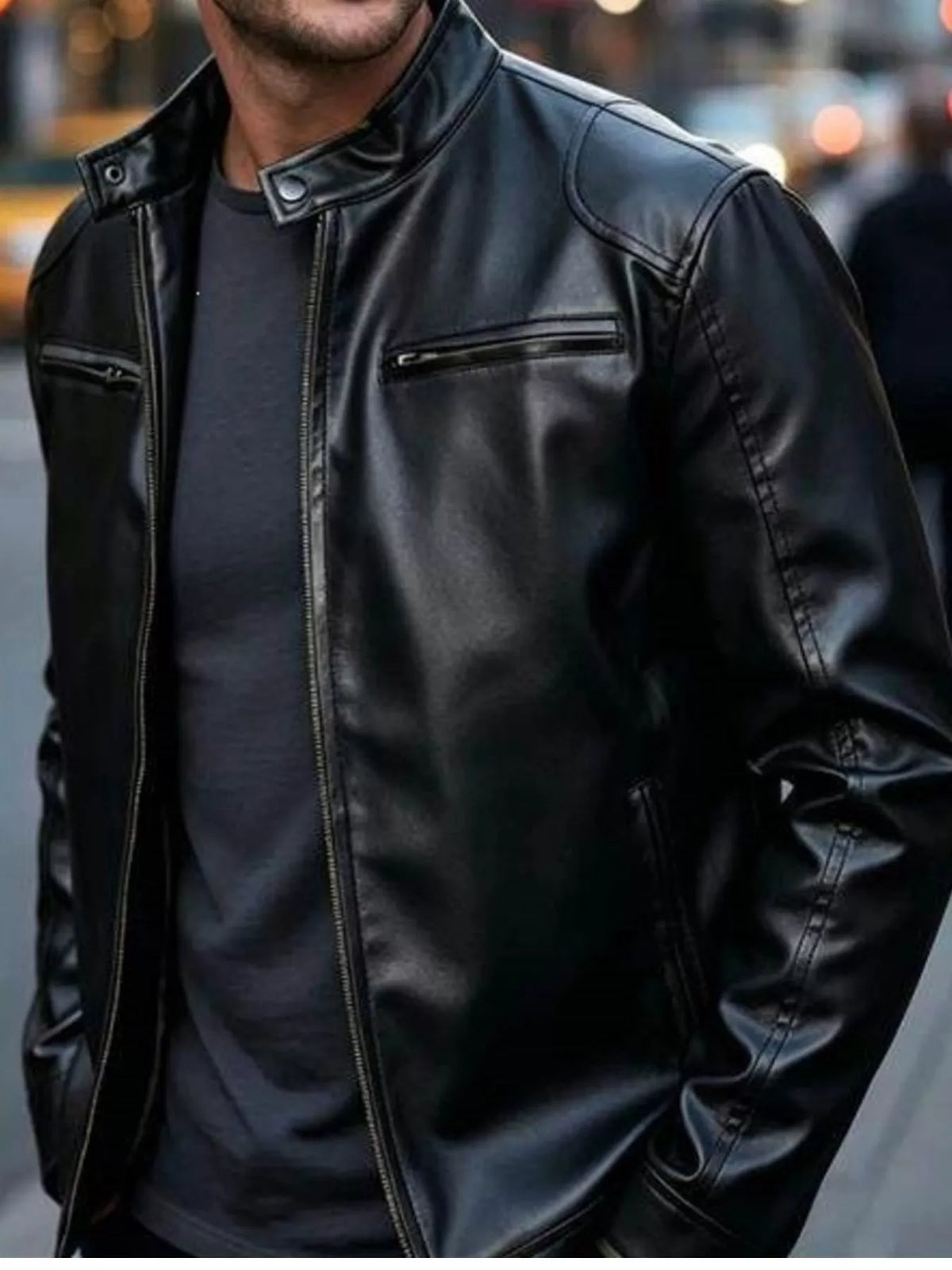 Faux leather bomber jacket with zipper pockets, Black